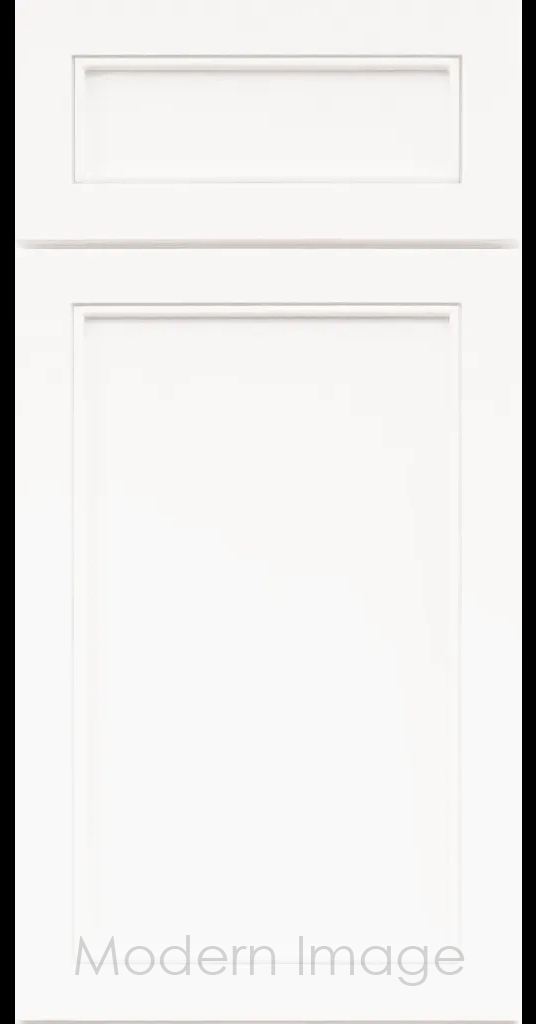 Alpine Slim Cabinet Door a narrow Stile & Rail Surrounding a flat center panel in a Frost White Custom Paint